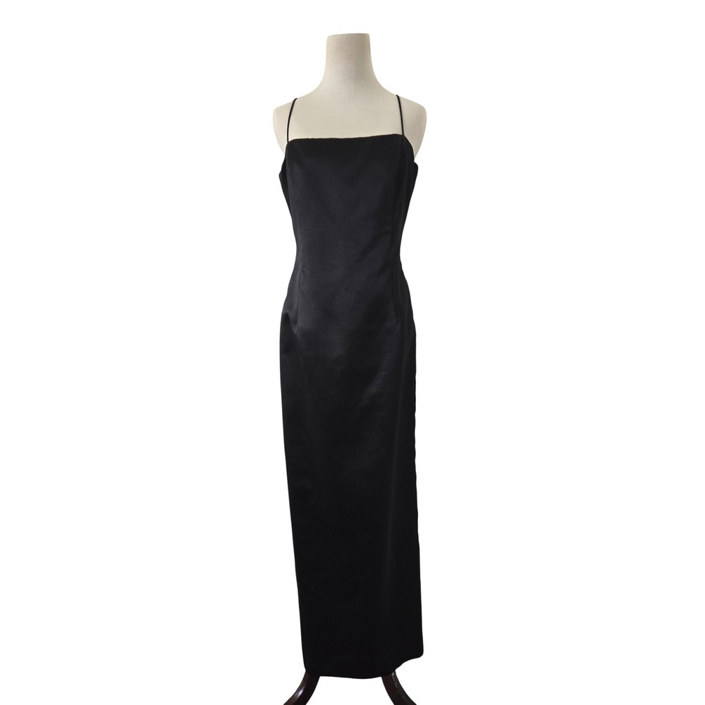 Vtg 90s J.R. Nites by Caliendo Black Satin Spaghetti Maxi Evening Gown Dress 12